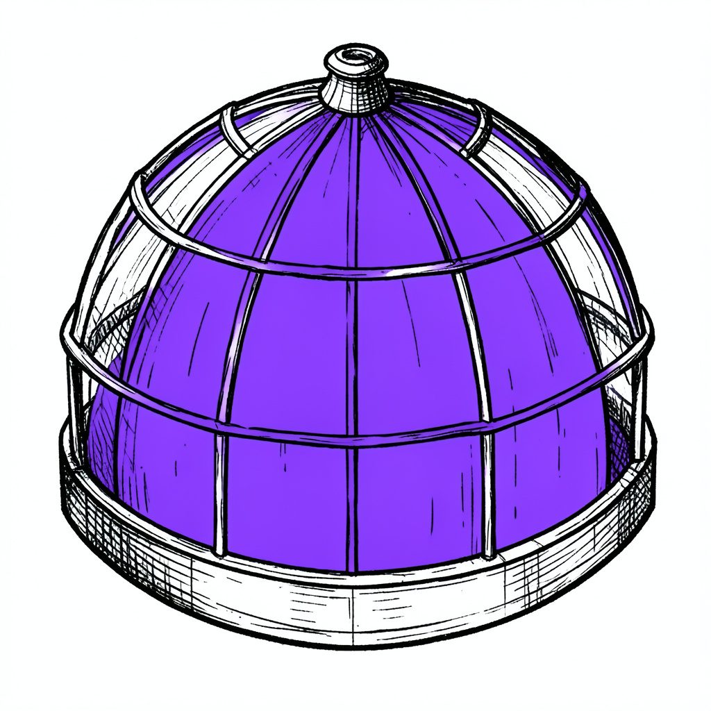 Hand-drawn ink illustration of an ornate domed interior ceiling with intricate plasterwork, soft purple and warm sepia tones, atmospheric and historic.
