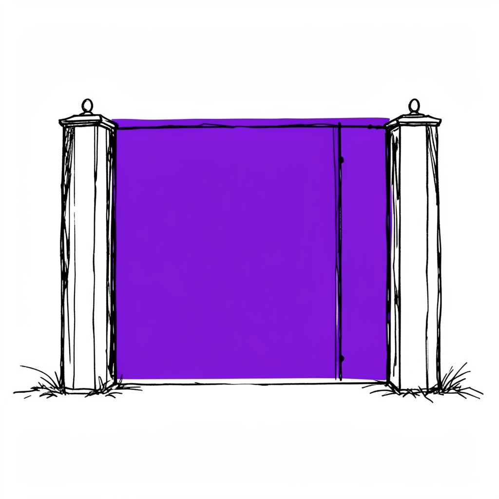 Hand-drawn ink illustration of an entrance gate with tall columns and an archway, soft purple and charcoal tones, quiet historic mood